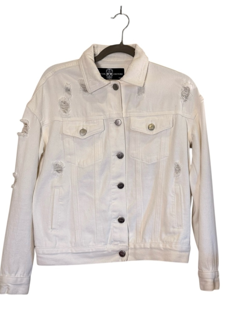HipChik Distressed White Cotton Denim Jean Jacket w Studded Skull Motif Sz L